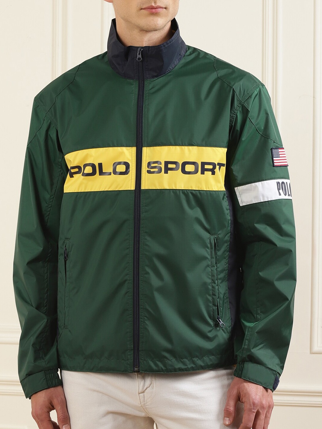 

Polo Ralph Lauren Men Green & Yellow Colourblocked Sporty Jacket with Patchwork