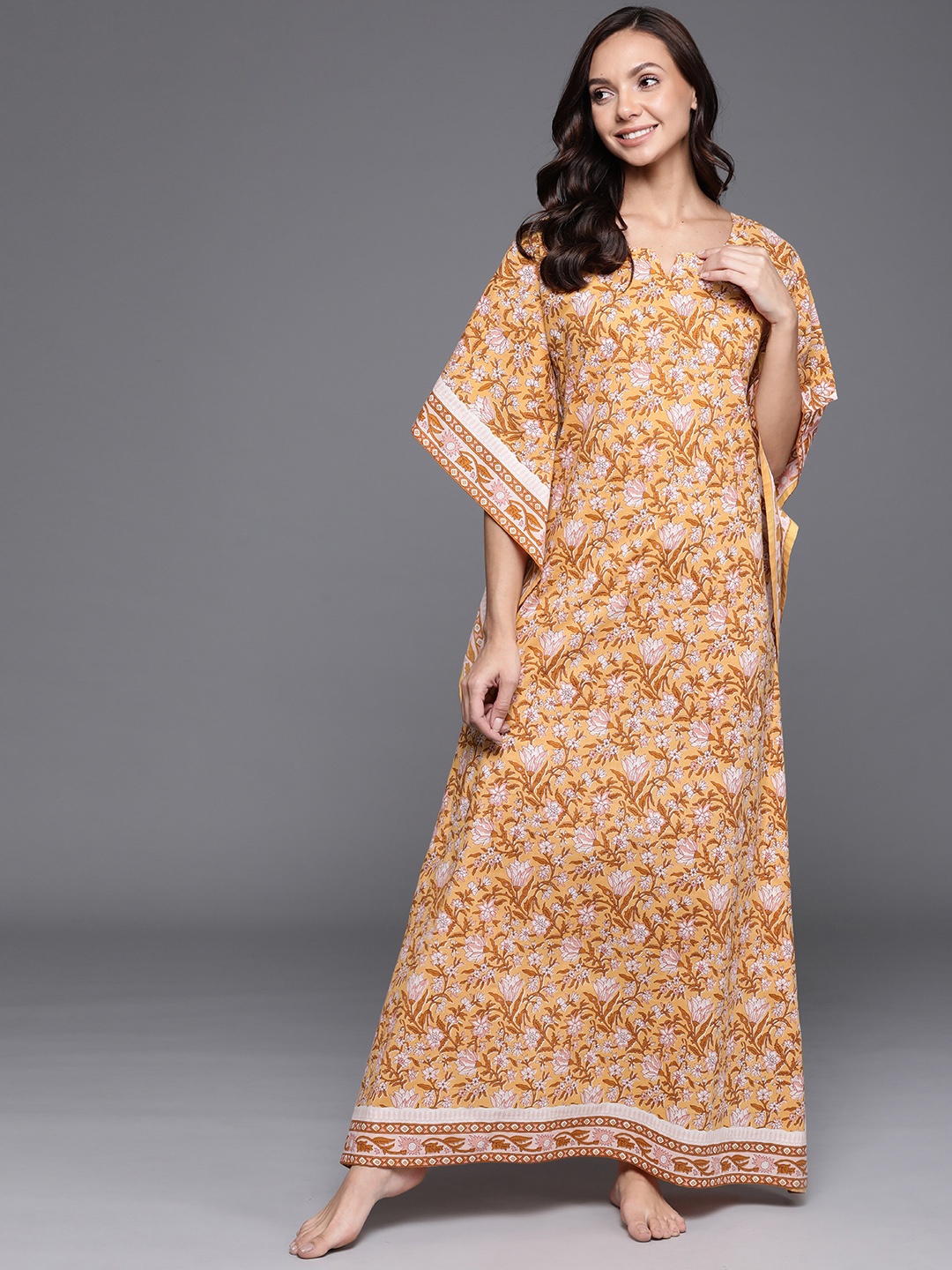 

Libas Yellow Printed Cotton Maxi Kaftan Nightdress