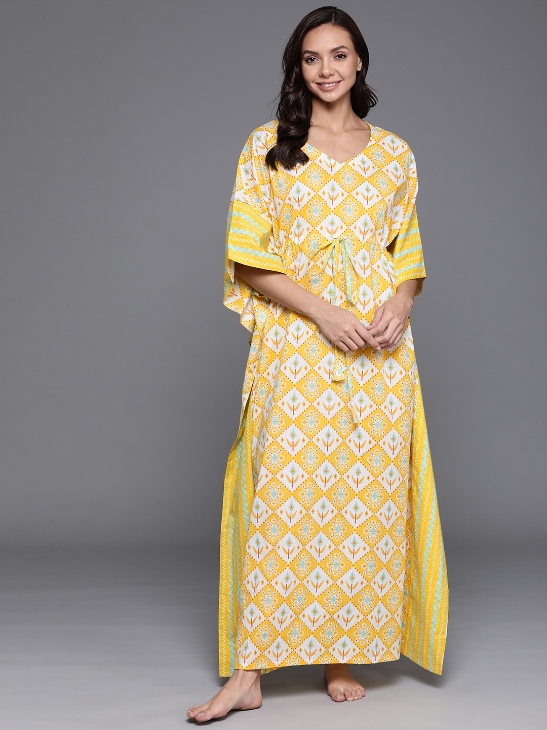 

Libas Yellow Printed Maxi Cotton Kaftan Nightdress