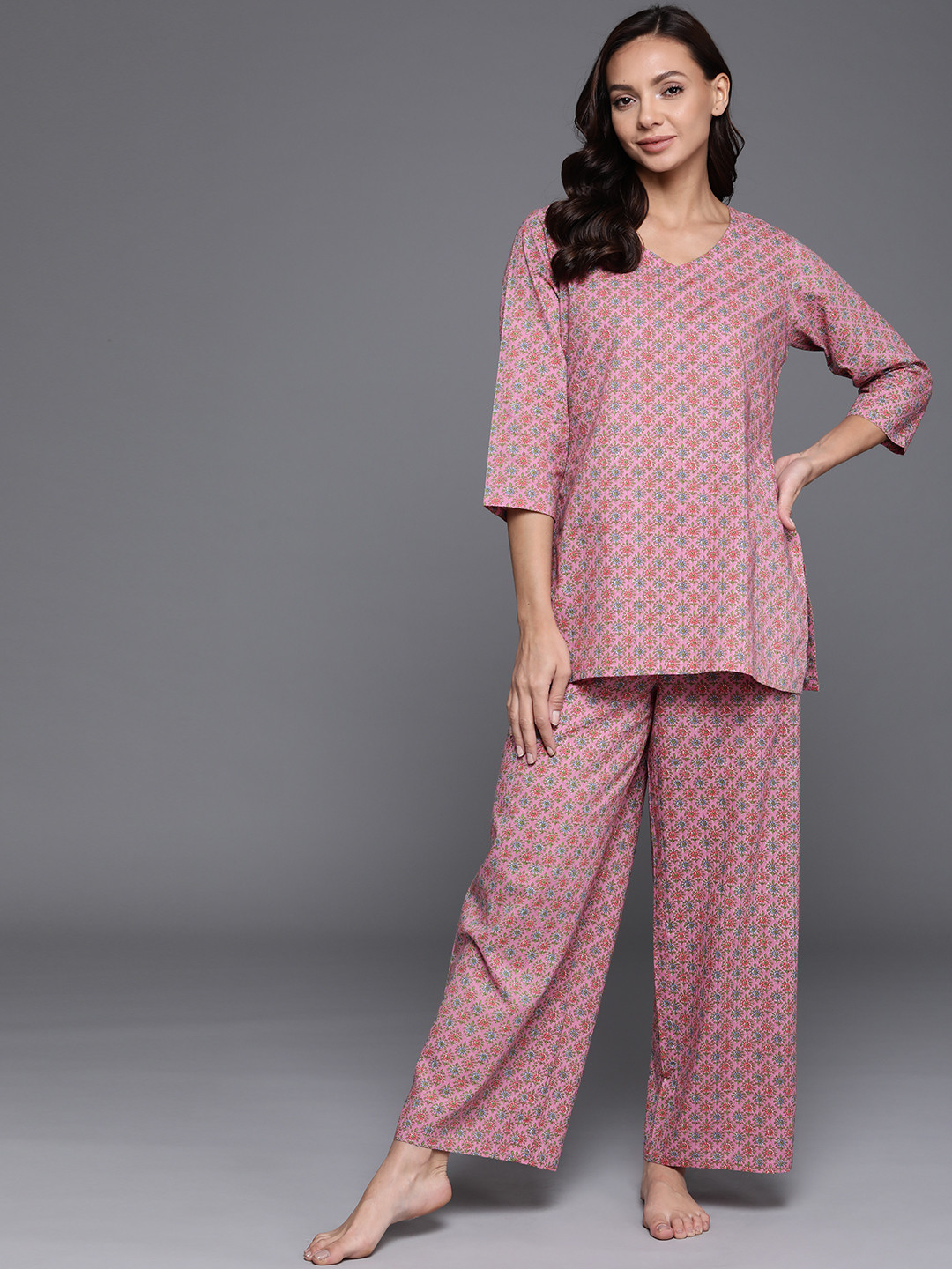 

Libas Women Pink Printed Cotton Night suit
