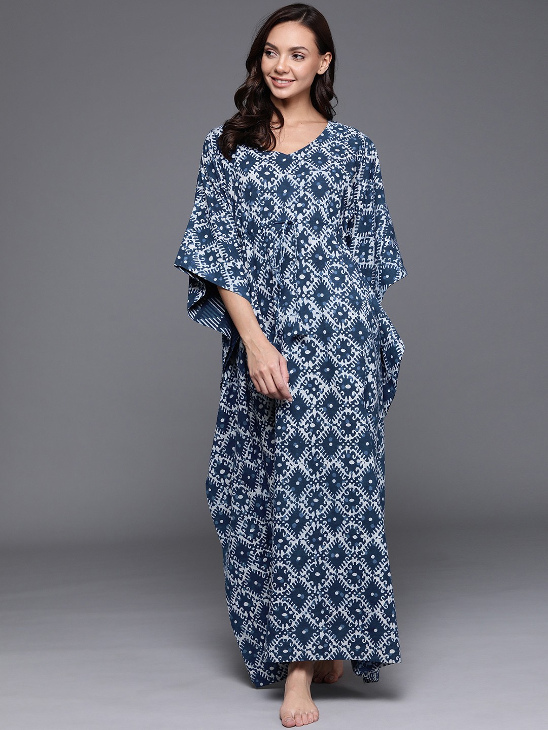 

Libas Blue Printed Cotton Maxi Kaftan Nightdress