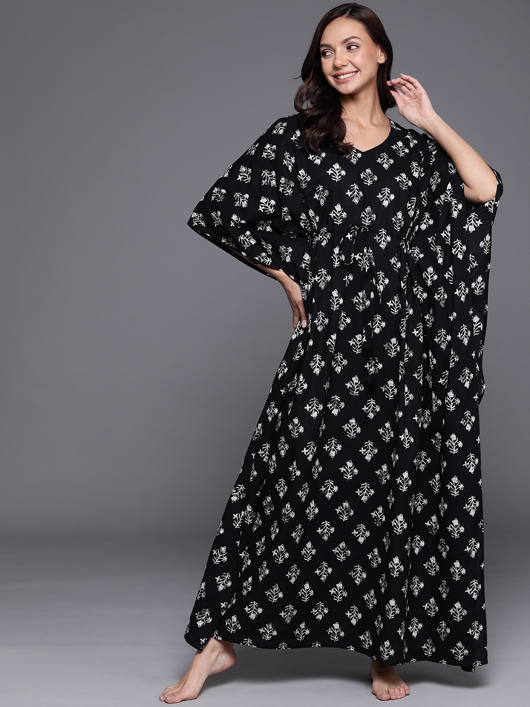 

Libas Black Printed Cotton Maxi Kaftan Nightdress