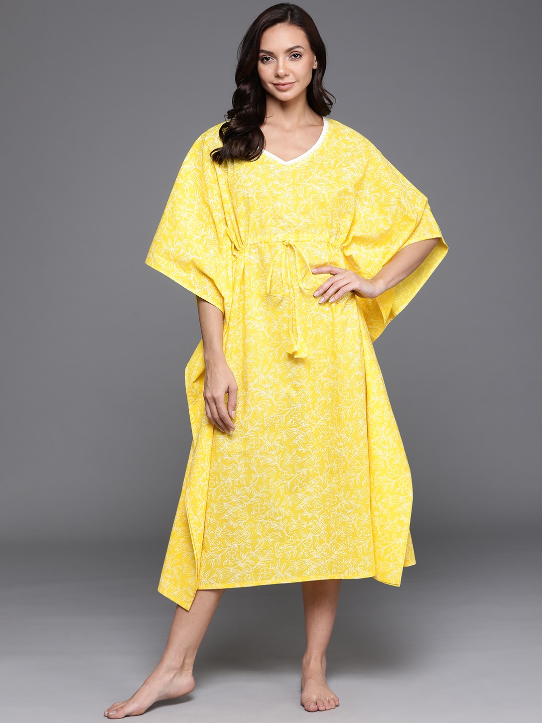 

Libas Yellow Printed Cotton Maxi Kaftan Nightdress