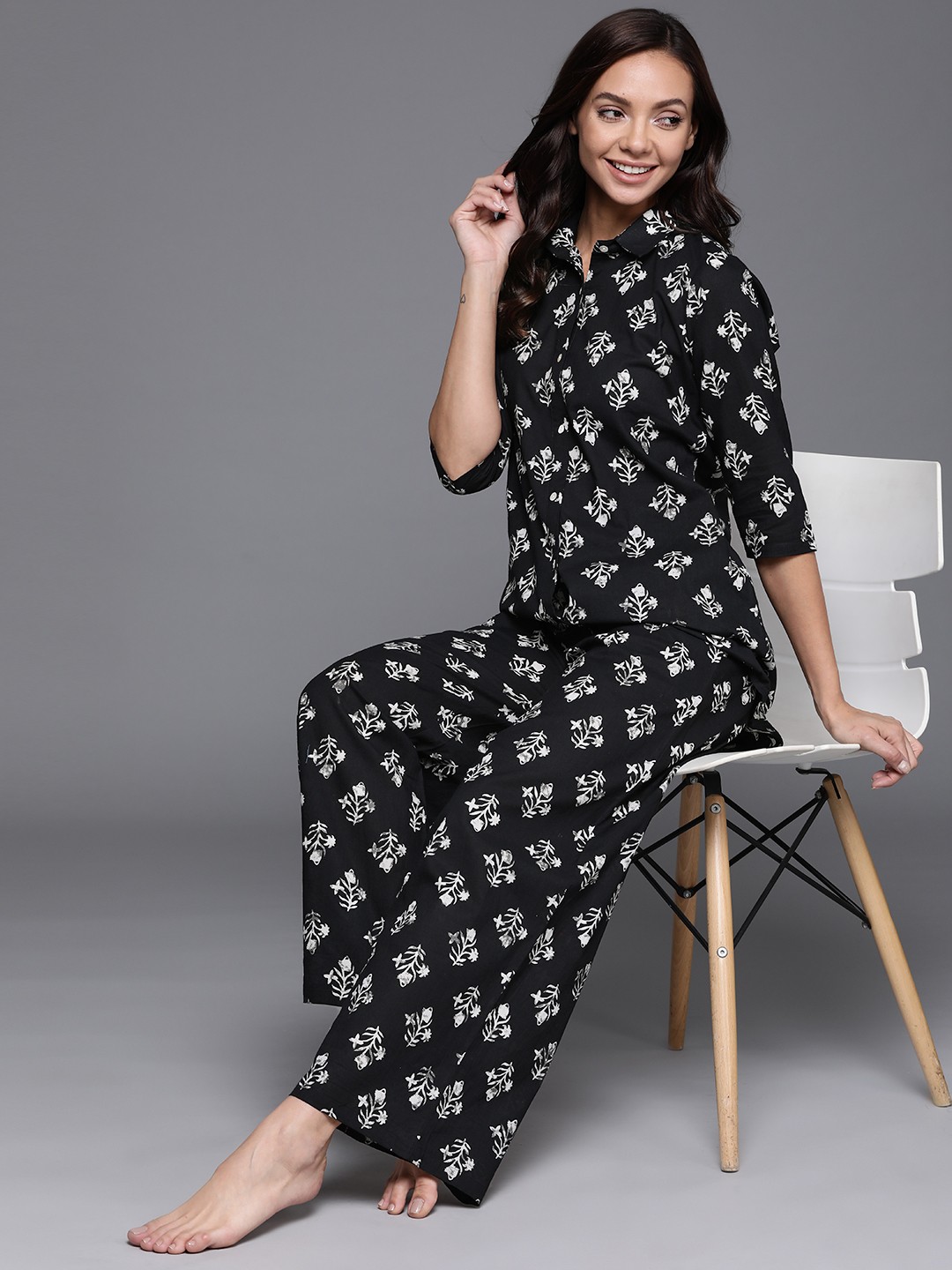 

Libas Women Black & White Printed Cotton Night suit