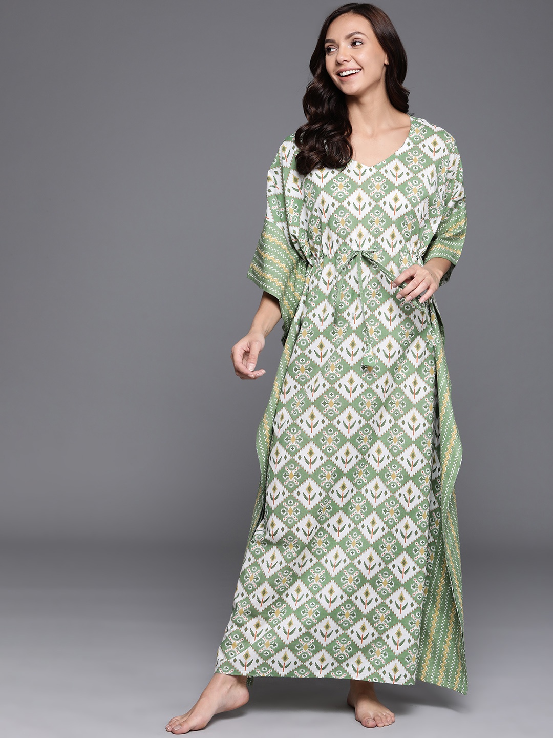 

Libas Green Printed Cotton Maxi Kaftan Nightdress