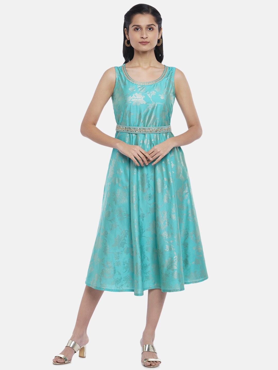 

AKKRITI BY PANTALOONS Turquoise Blue Ethnic Motifs Sequined Crepe Belted Ethnic Midi Dress