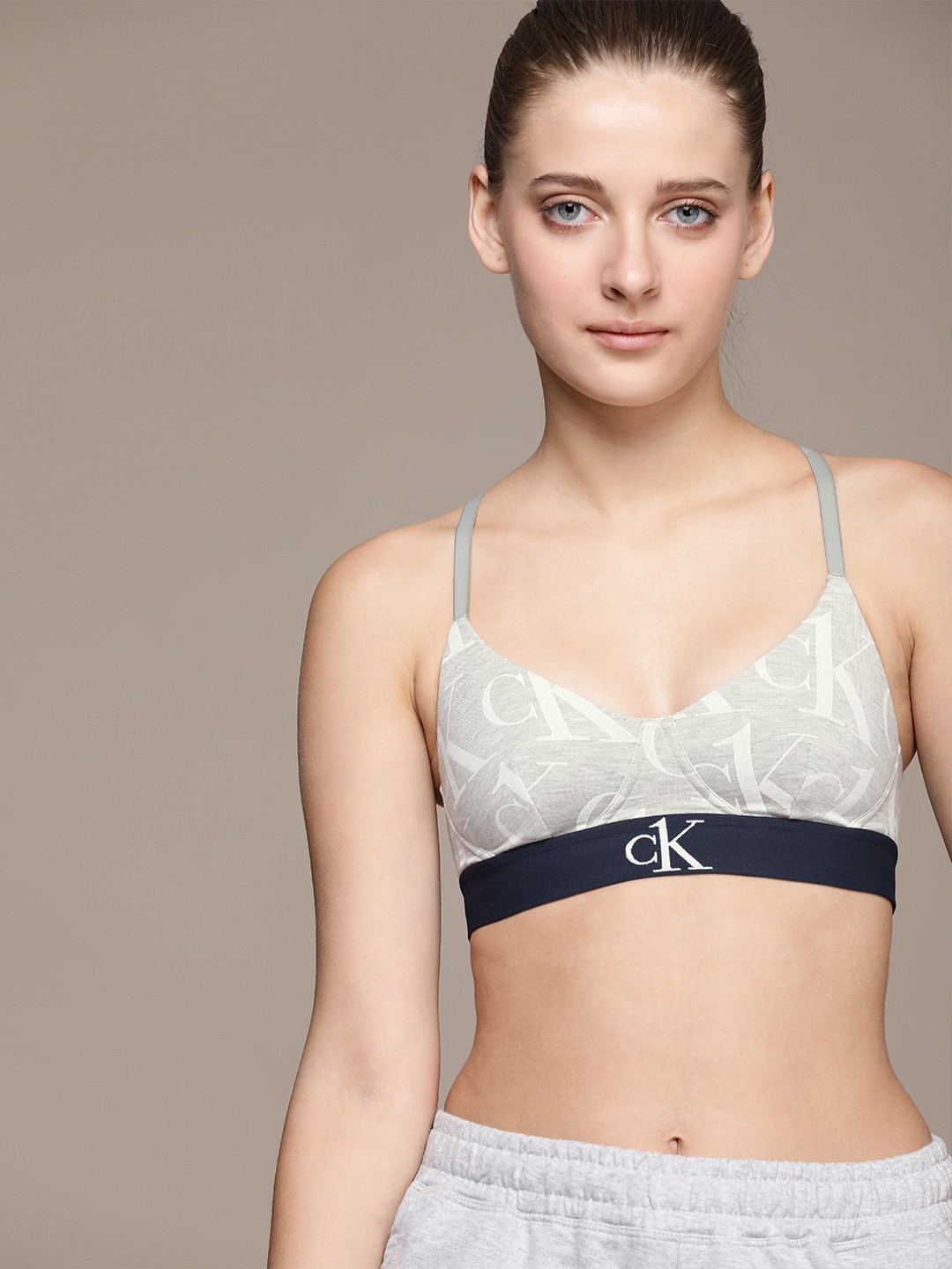 

Calvin Klein Underwear Grey & White Brand Logo Printed Lightly Padded Bra- QF6670ADV7D