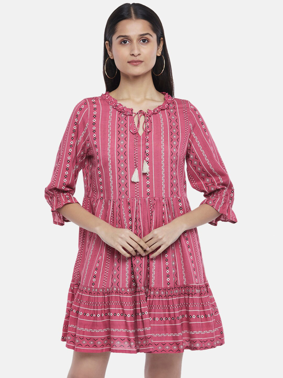 

People Women Pink Ethnic Motifs Tie-Up Neck A-Line Dress