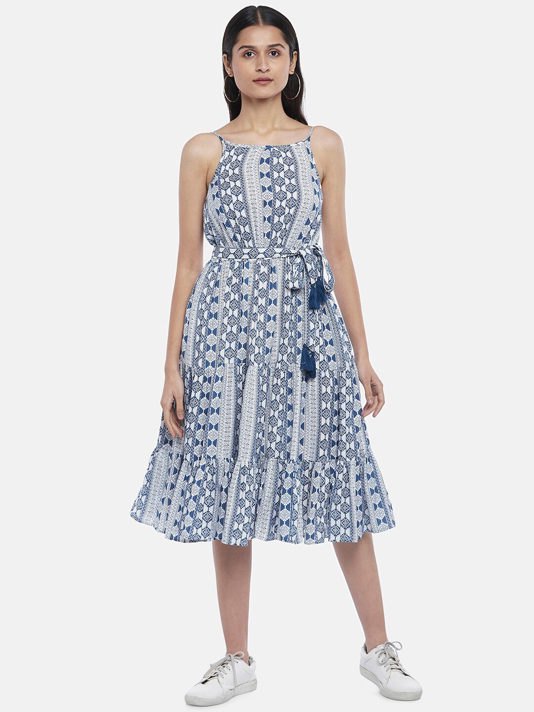 

People Navy Blue Ethnic Motifs Tiered Midi Dress