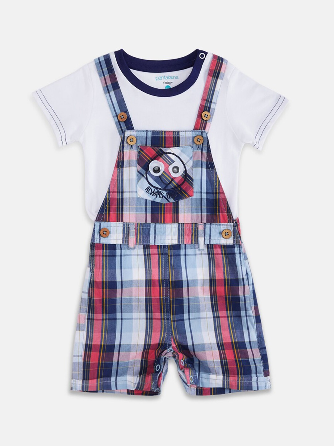 

Pantaloons Baby Boys Coral & White Checked Cotton Dungarees