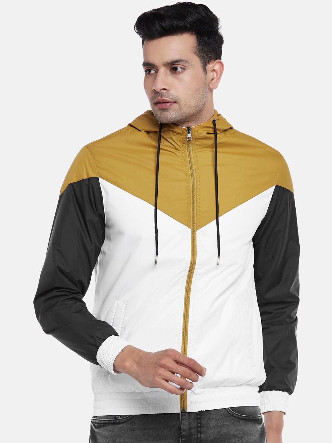 

People Men White & Mustard Colourblocked Tailored Jacket