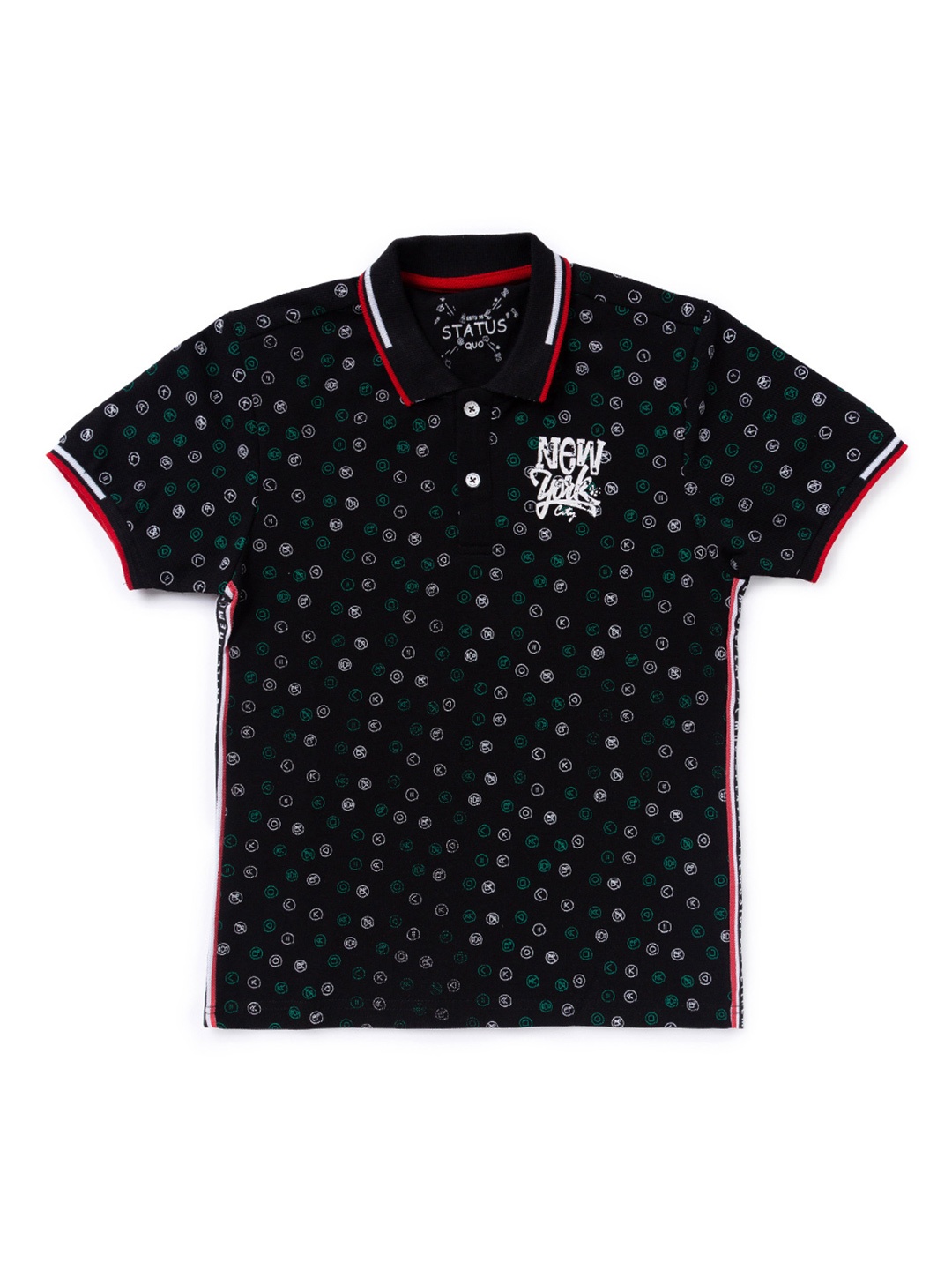 

Status Quo Boys Black Printed Polo Collar Cotton T-shirt
