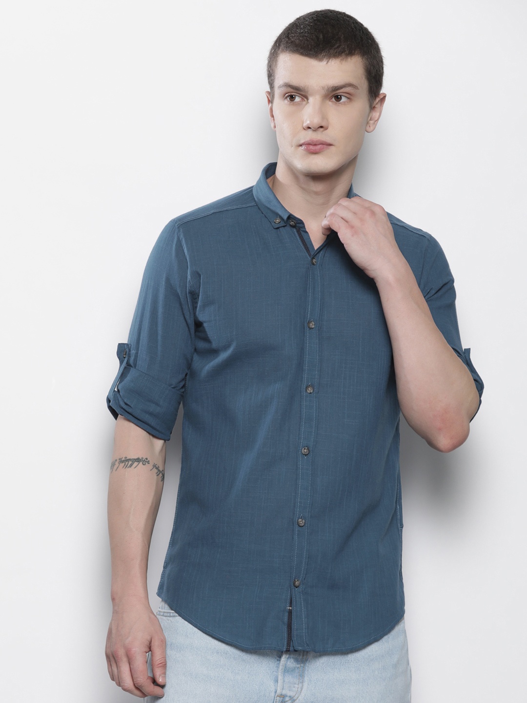 

Trendyol Solid Pure Cotton Casual Slim Fit Shirt, Blue