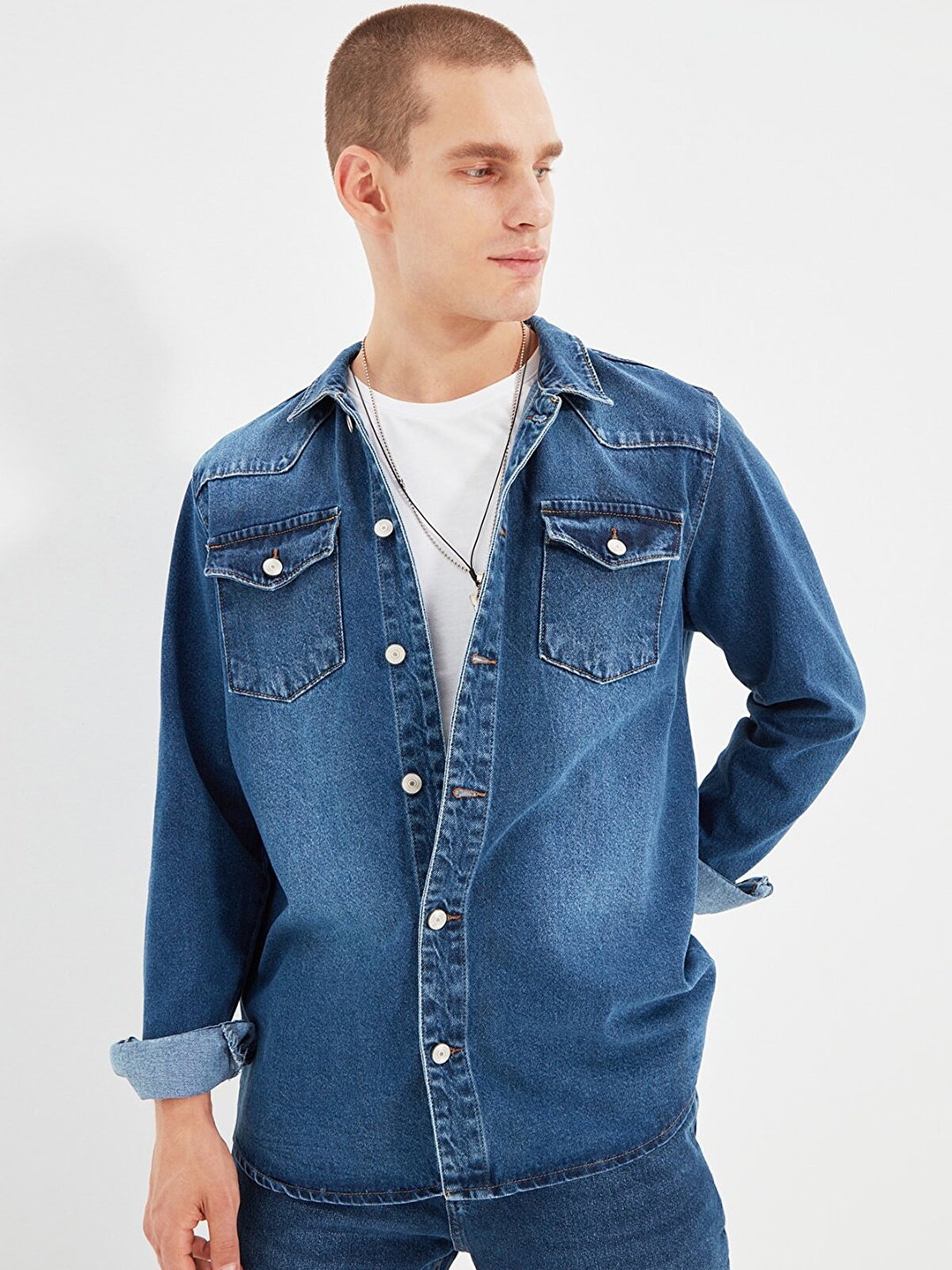 

Trendyol Men Navy Blue Denim Casual Shirt