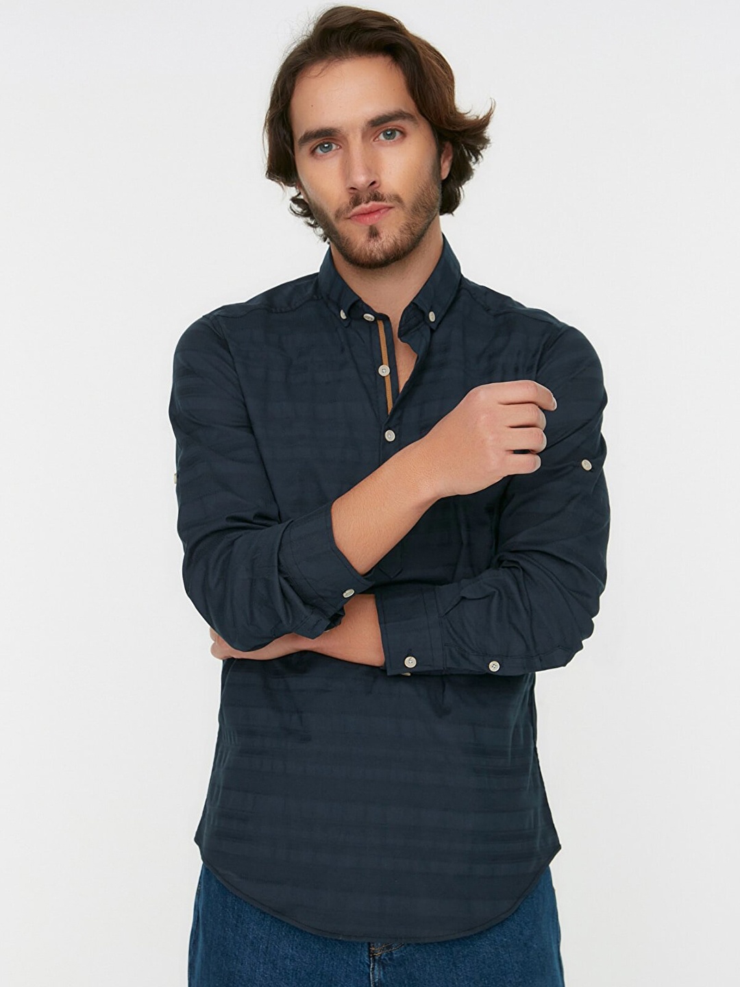

Trendyol Men Navy Blue Horizontal Stripes Casual Shirt