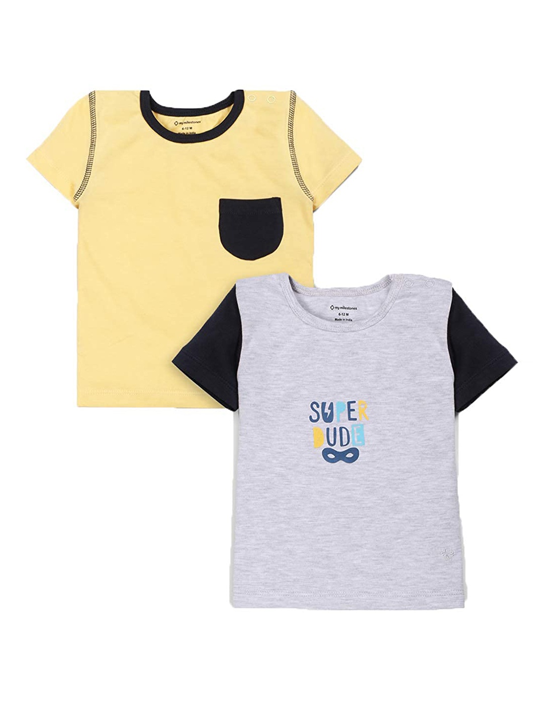 

My Milestones Boys Pack of 2 Grey & Yellow Printed Cotton T-shirts