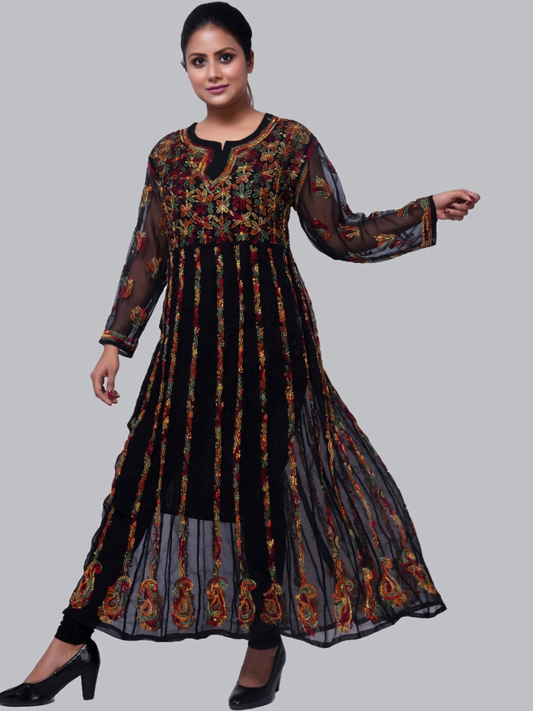 

FAWOMENT Black Ethnic Motifs Embroidered Chikankari Floral Georgette Anarkali Kurta