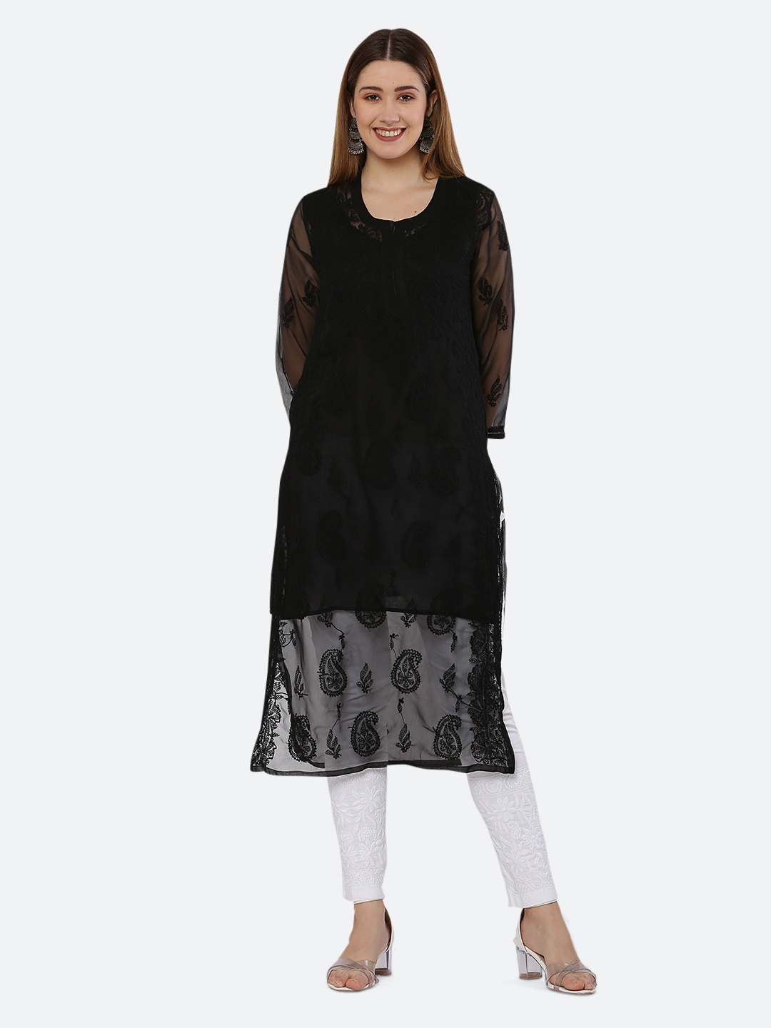 

FAWOMENT Women Black Hand Embroidered Lucknowi Chikankari Georgette Kurta