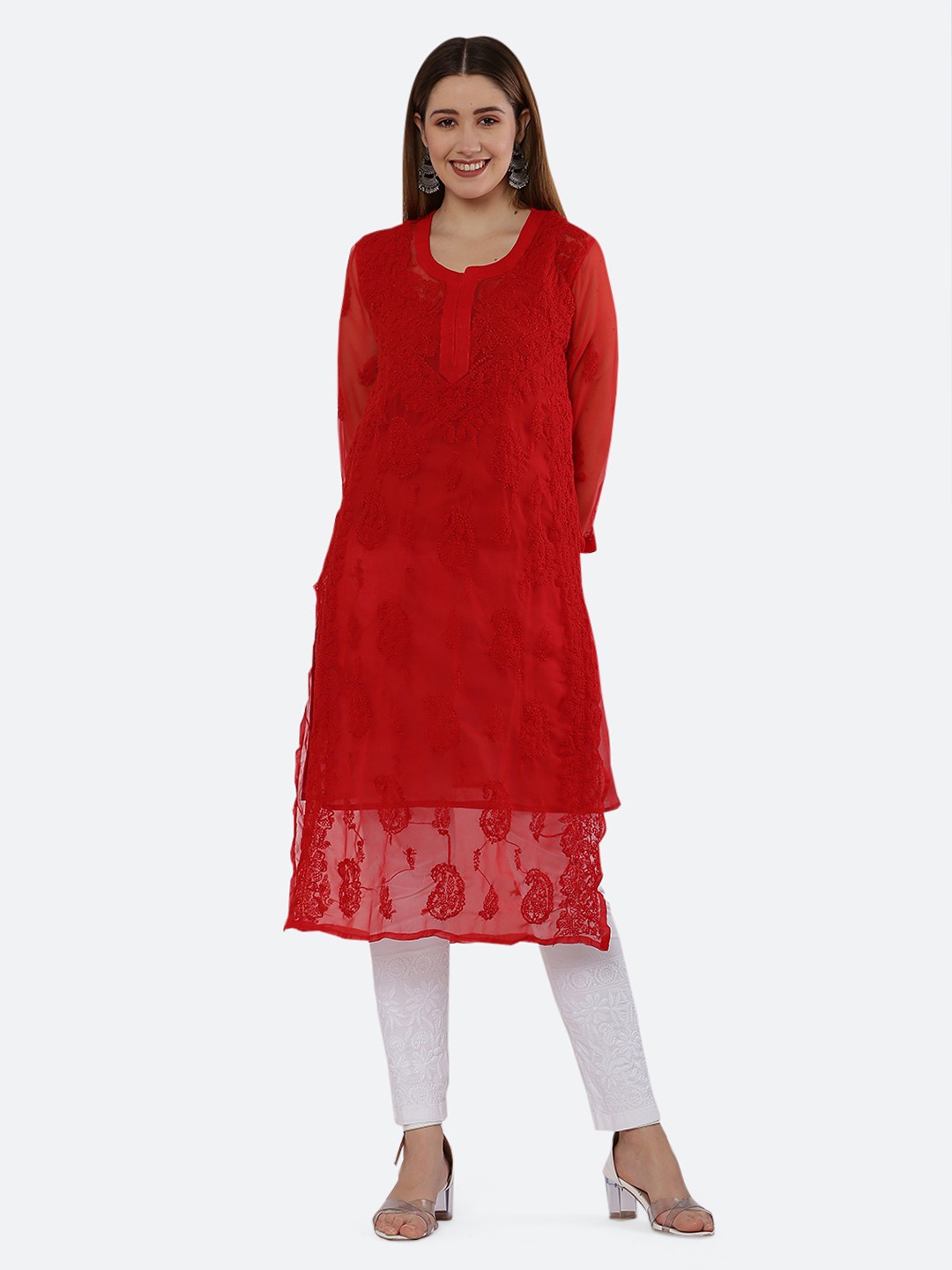 

FAWOMENT Red Embroidered Chikankari Georgette Kurta