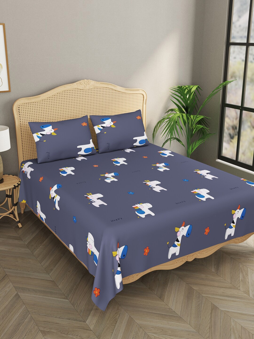 

Gulaab Jaipur Navy Blue & White Graphic 210 TC King Bedsheet with 2 Pillow Covers