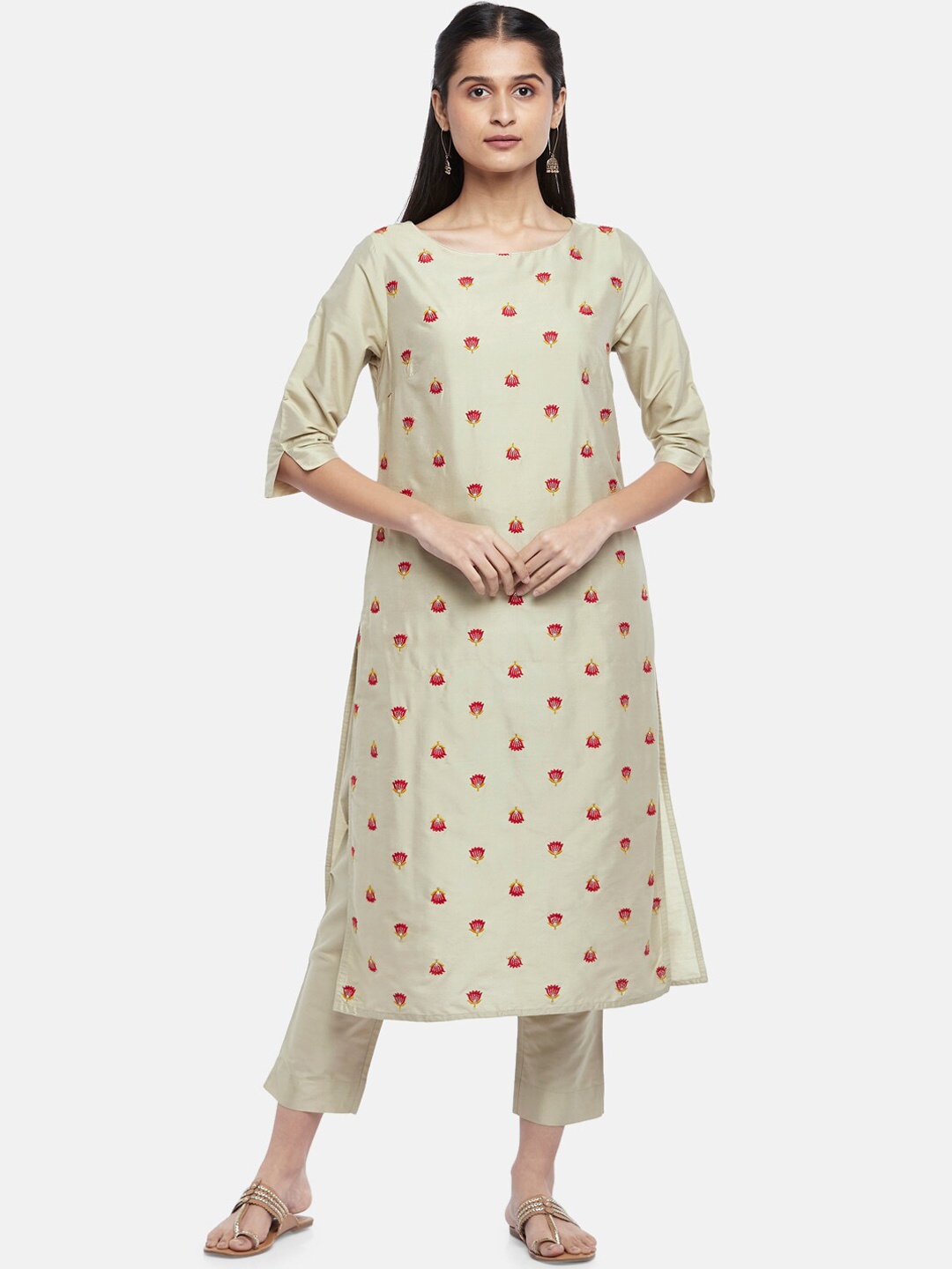 

RANGMANCH BY PANTALOONS Beige Floral Embroidered Kurta with Trousers & With Dupatta