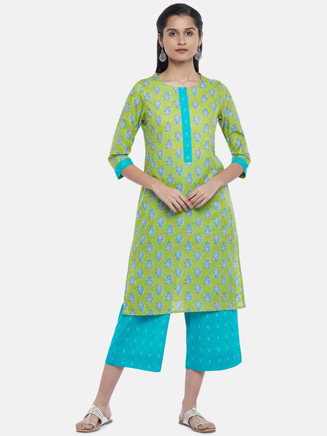 

RANGMANCH BY PANTALOONS Lime Green Ethnic Motifs Printed Pure Cotton Kurta Set