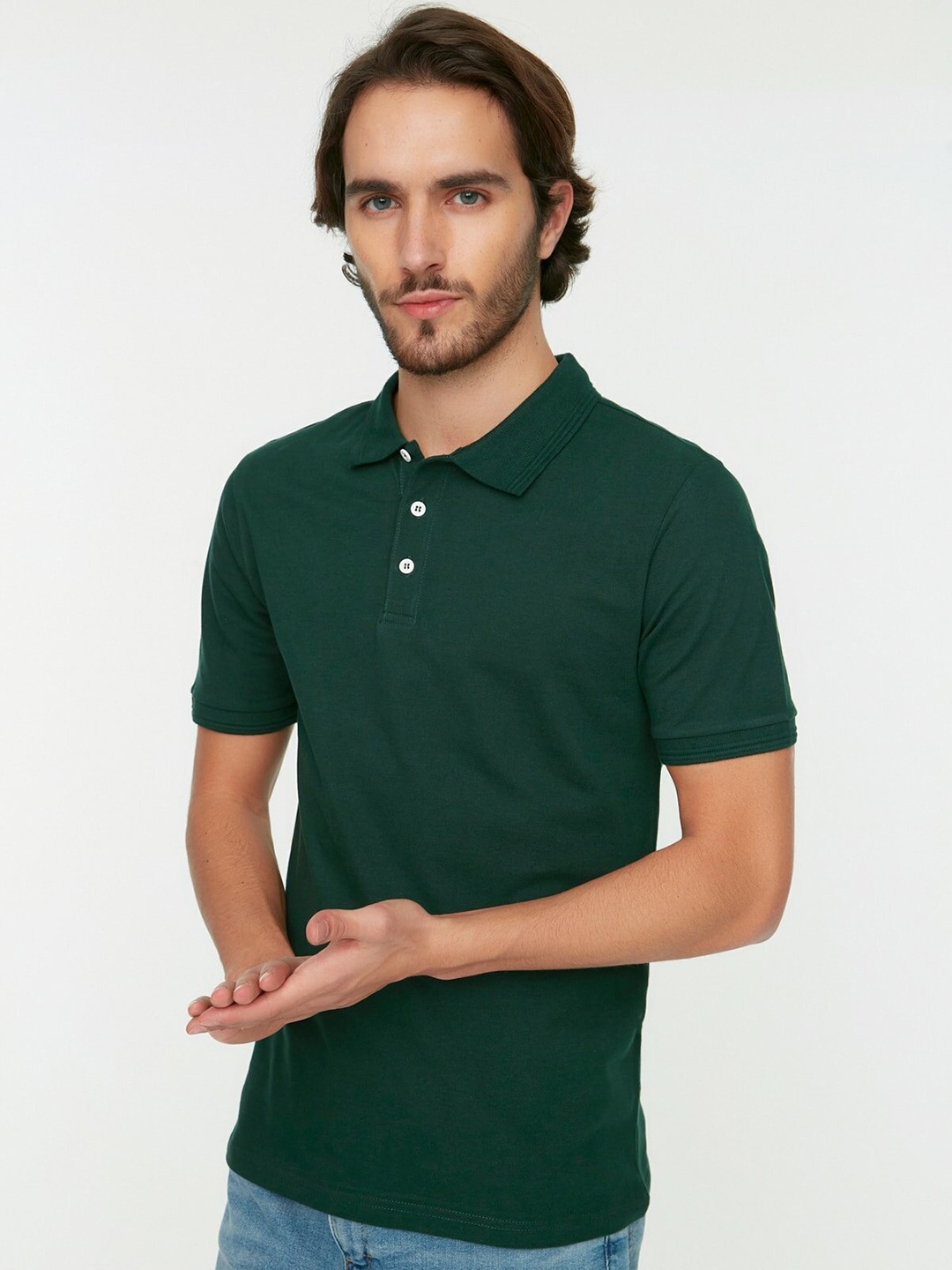 

Trendyol Men Green Solid Polo Collar Pure Cotton T-shirt