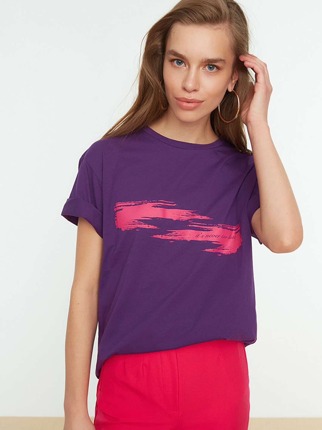 

Trendyol Women Purple Printed Drop-Shoulder Sleeves Pure Cotton Knitted T-shirt