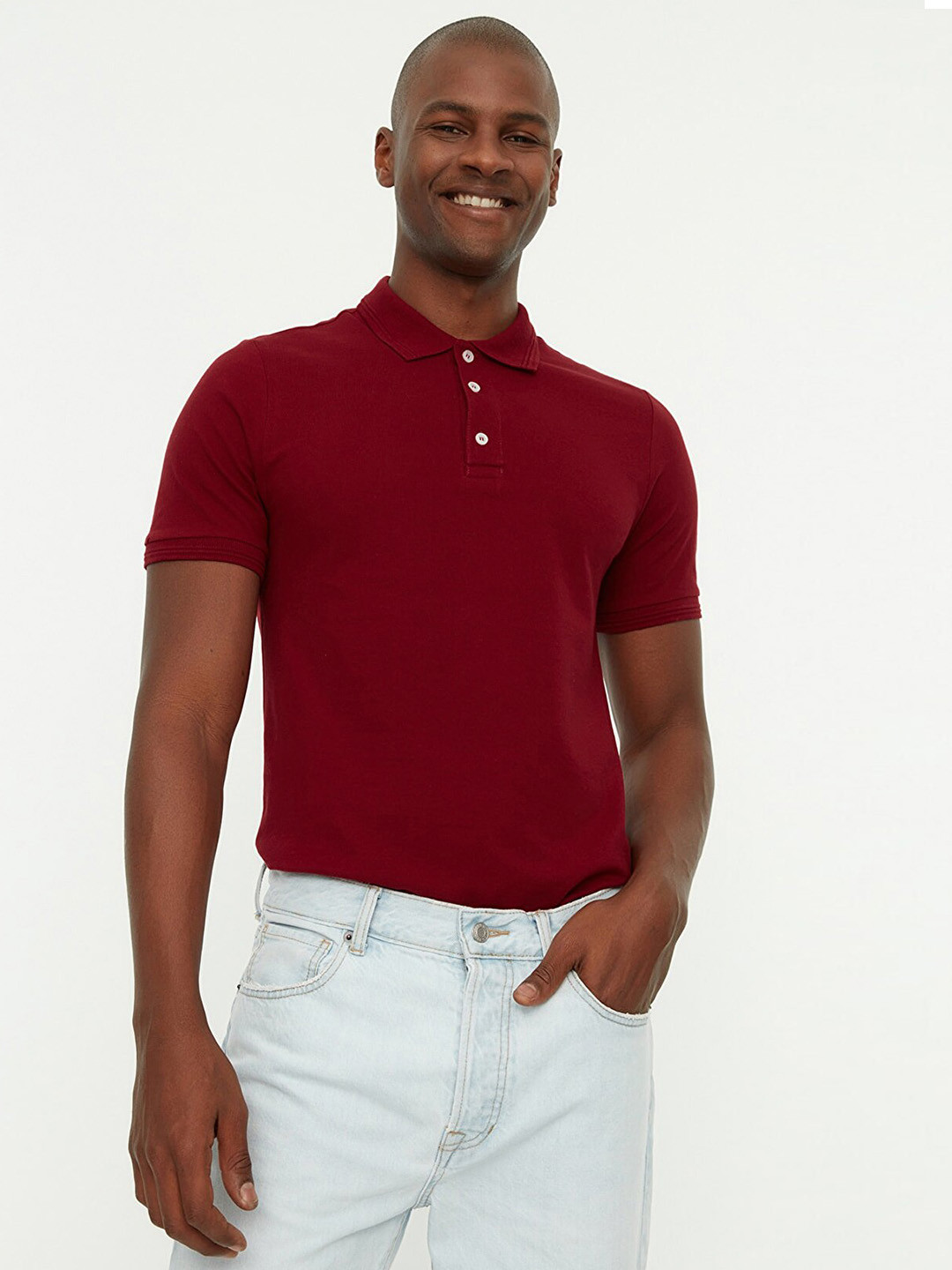 

Trendyol Men Maroon Polo Collar Jacquard Pure Cotton Slim Fit T-shirt