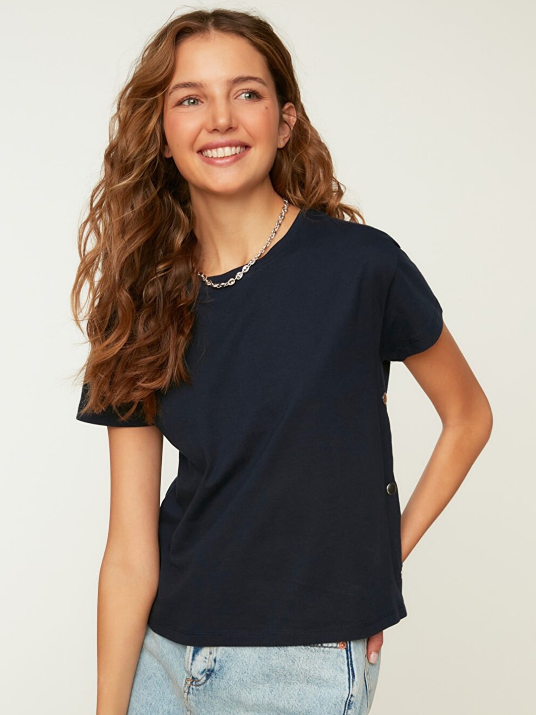 

Trendyol Women Navy Blue Solid Drop-Shoulder Sleeves Pure Cotton Knitted T-shirt