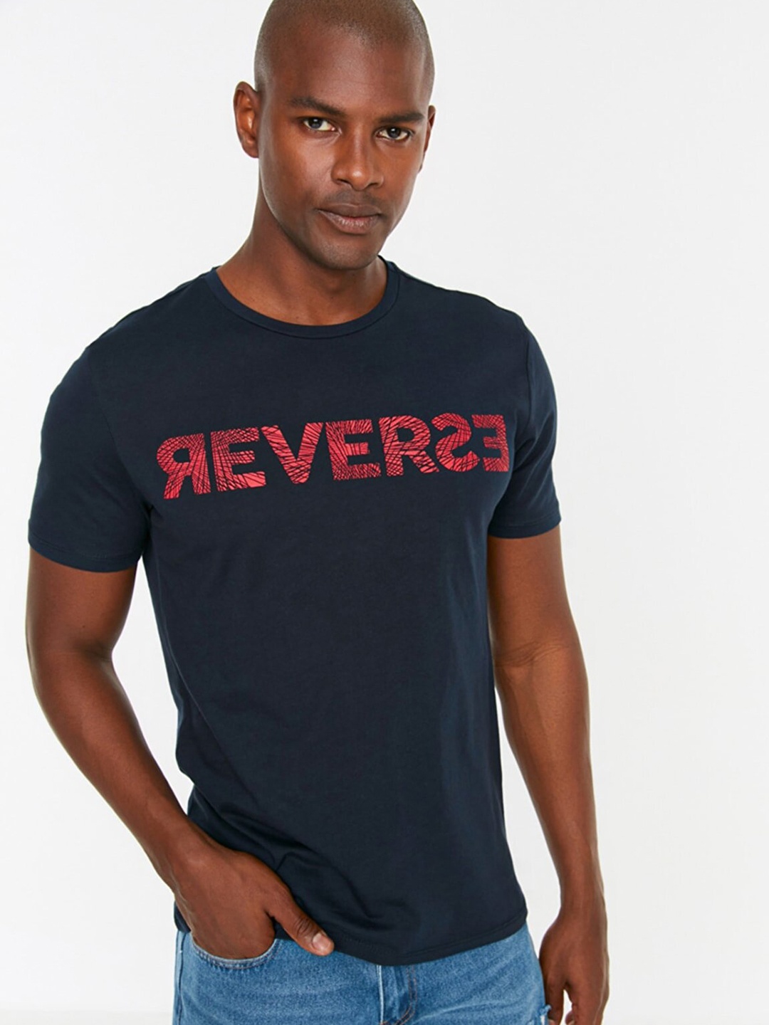 

Trendyol Men Navy Blue & Red Printed Pure Cotton T-shirt