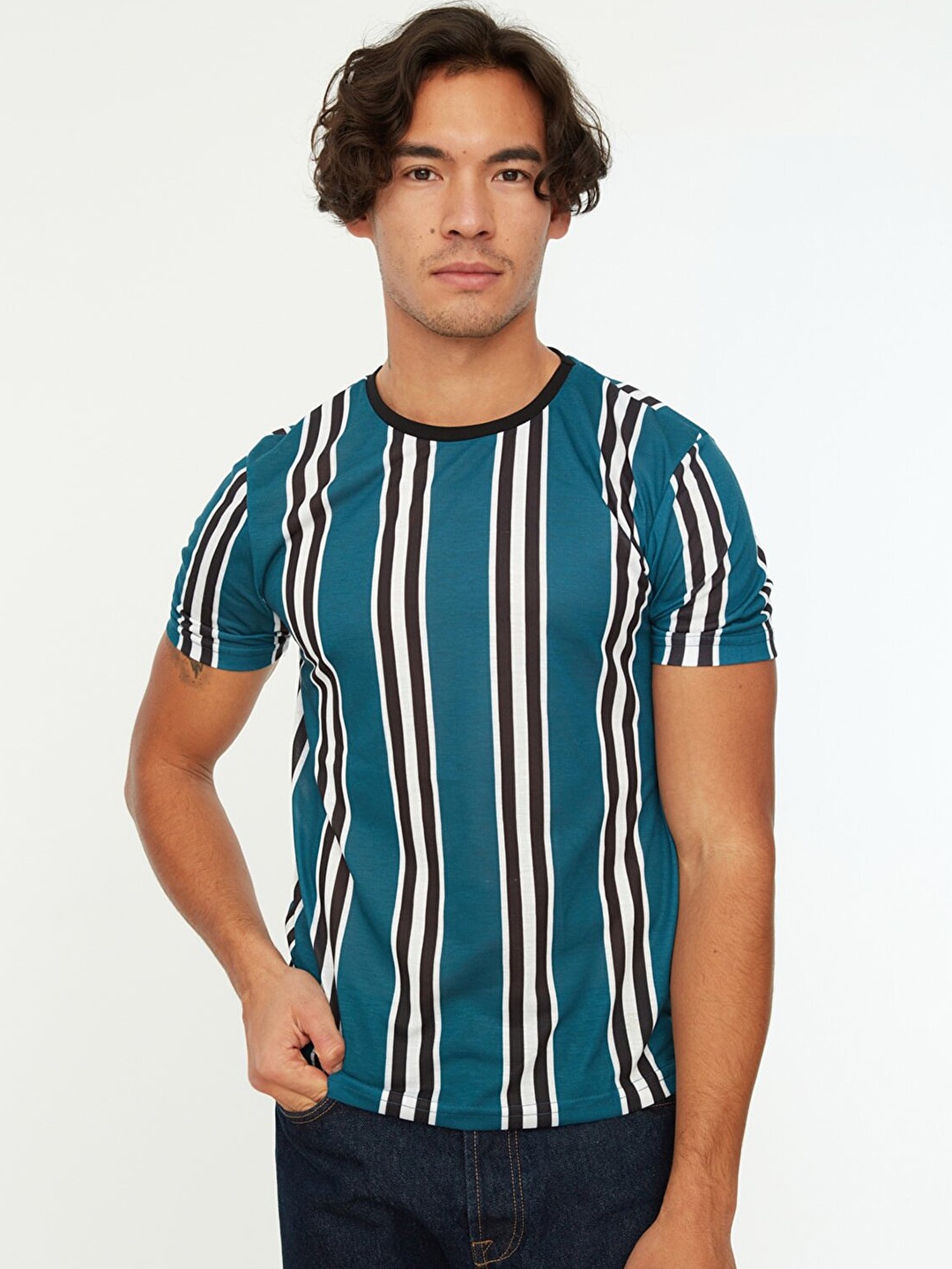 

Trendyol Men Teal Blue & White Striped T-shirt