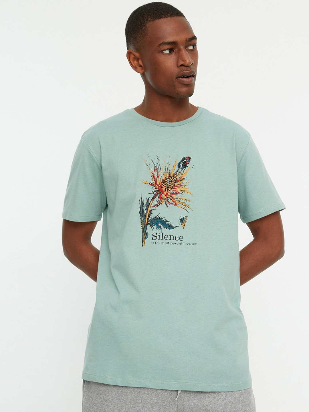 

Trendyol Men Sea Green Graphic Printed Drop-Shoulder Sleeves Pure Cotton T-shirt