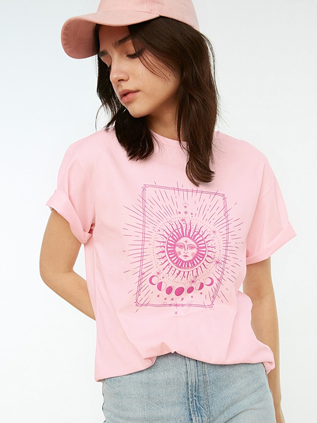 

Trendyol Women Pink Conversational Print Boyfriend Fit Pure Cotton T-shirt
