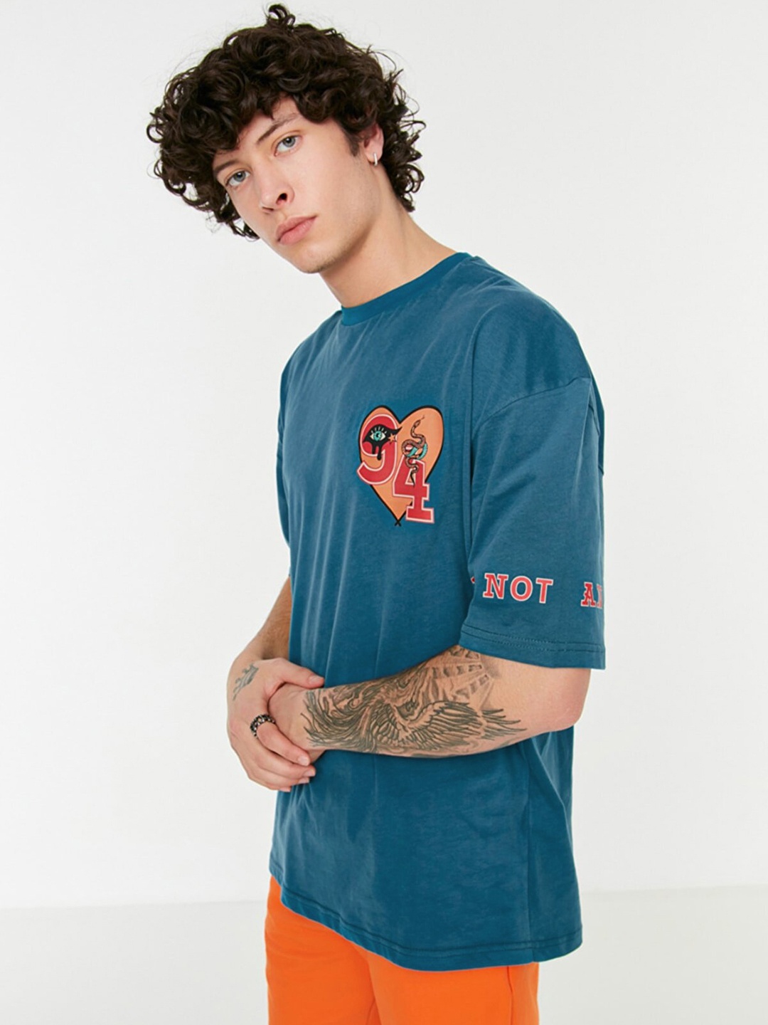 

Trendyol Men Teal Blue Printed Pure Cotton T-shirt