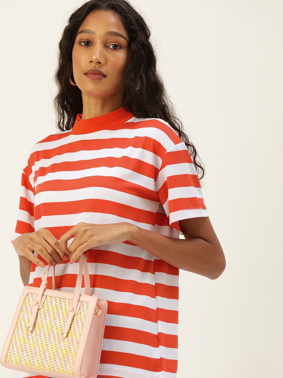 

Trendyol Women Orange & White Striped High Neck Casual T-shirt