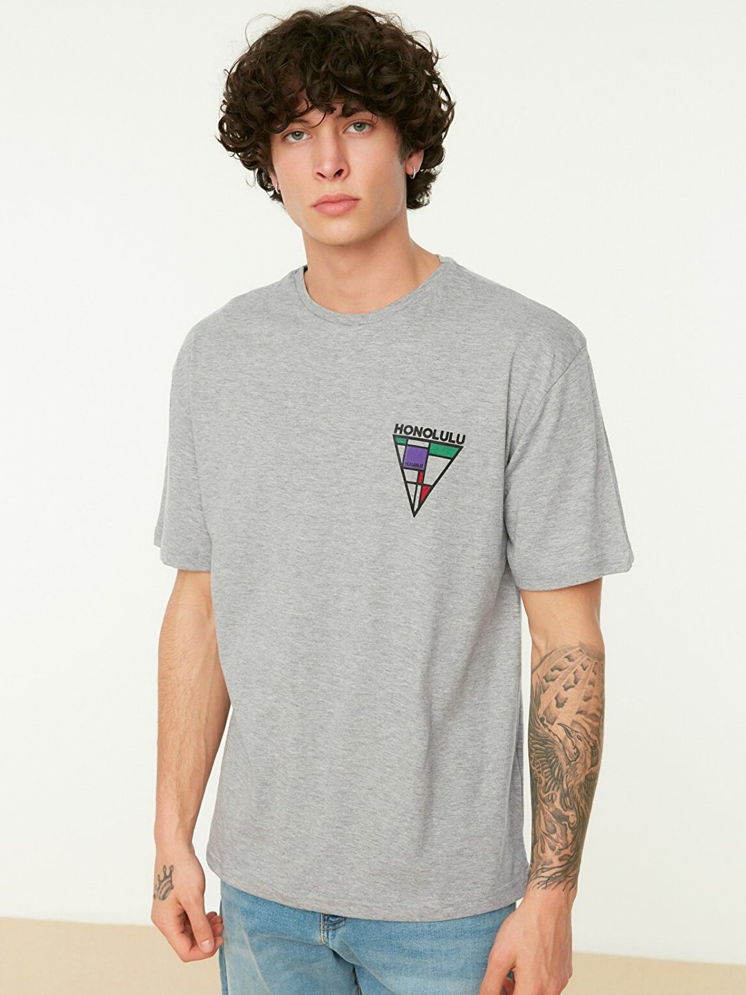 

Trendyol Men Grey Melange Typography Printed T-shirt