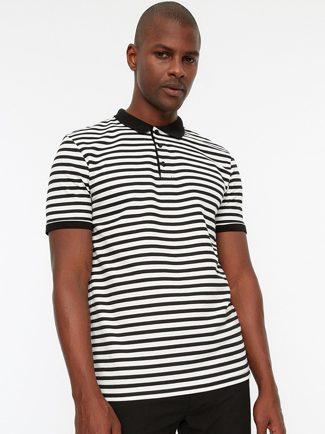 

Trendyol Men Black & White Pure Cotton Striped Polo Collar T-shirt