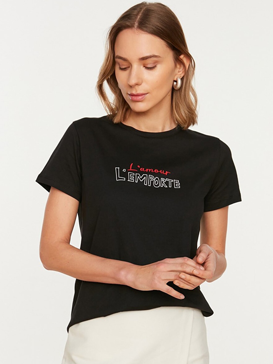 

Trendyol Women Black Typography Printed Pure Cotton T-shirt