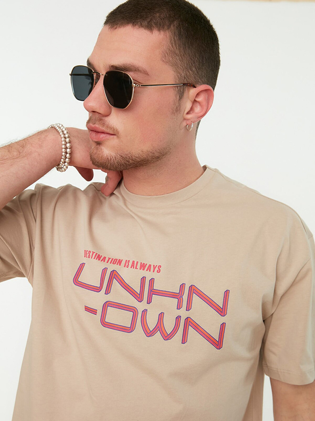 

Trendyol Men Beige & Pink Printed Pure Cotton T-shirt
