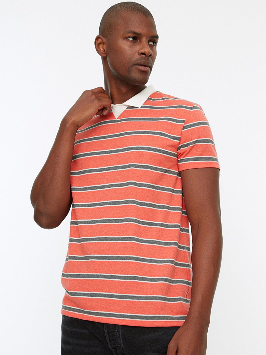 

Trendyol Men Red & Charcoal Black Striped Polo Collar T-shirt