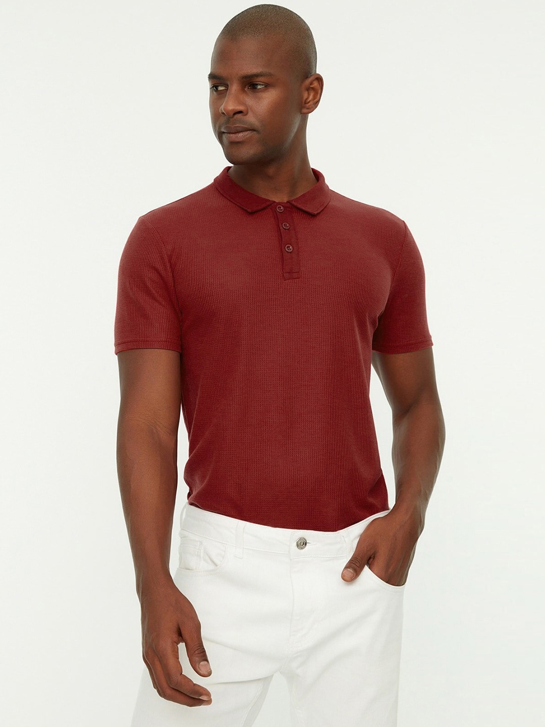 

Trendyol Men Maroon Textured Polo Collar Slim Fit T-shirt