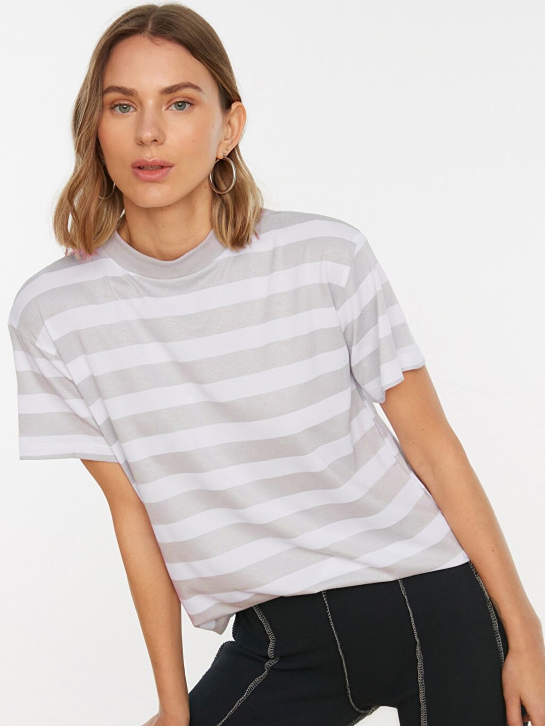 

Trendyol Women Grey & White Striped High Neck T-shirt