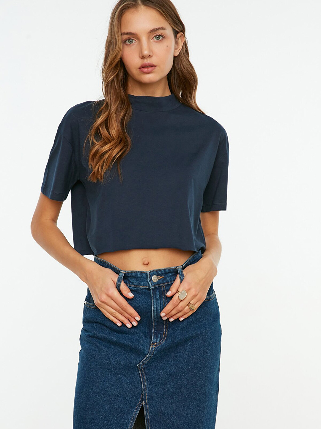 

Trendyol Women Navy Blue Solid Pure Cotton High Neck Drop-Shoulder Sleeves T-shirt