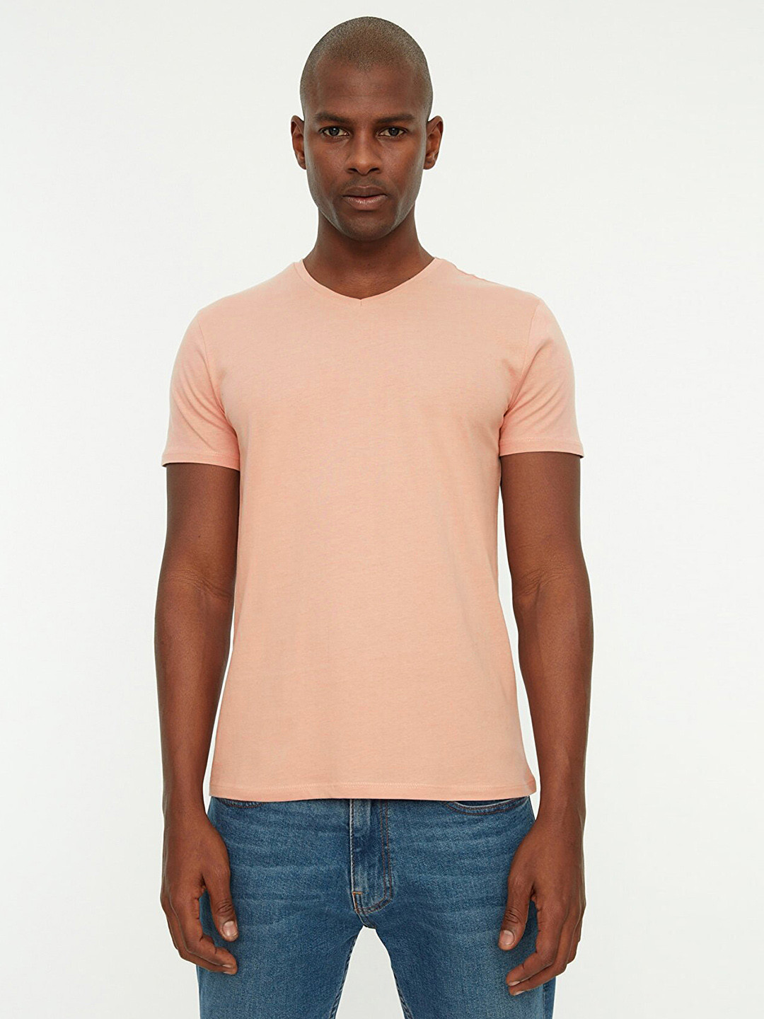 

Trendyol Men Pink V-Neck Pure Cotton Slim Fit T-shirt