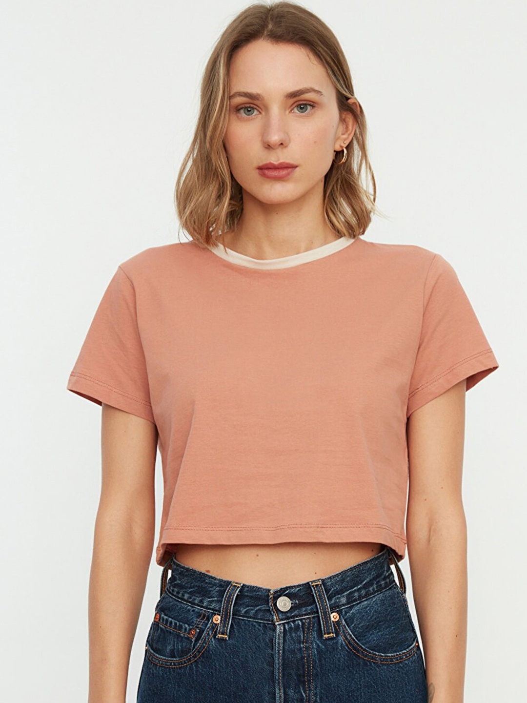 

Trendyol Women Peach-Coloured Solid Pure Cotton Crop T-shirt