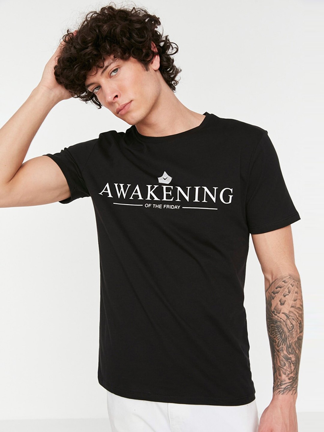 

Trendyol Men Black Typography Printed Pure Cotton T-shirt