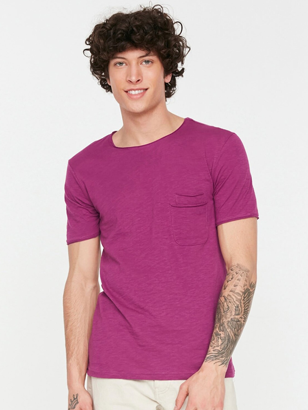 

Trendyol Men Purple Solid Pure Cotton T-shirt