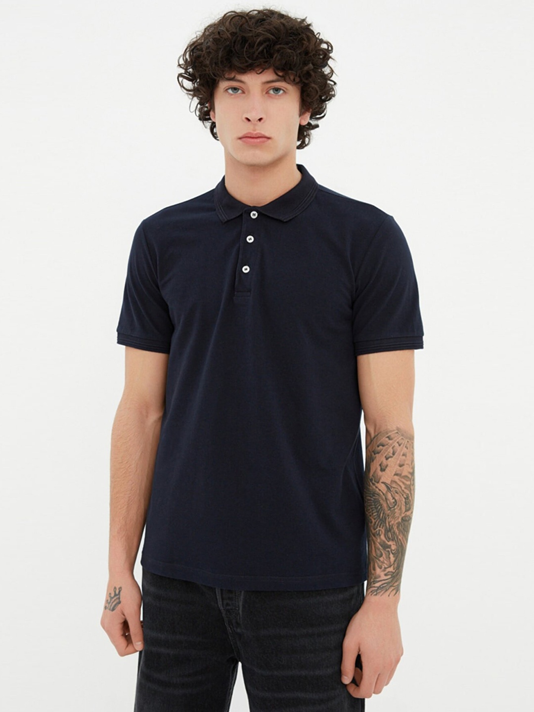 

Trendyol Men Navy Blue Polo Collar Pure Cotton Slim Fit T-shirt