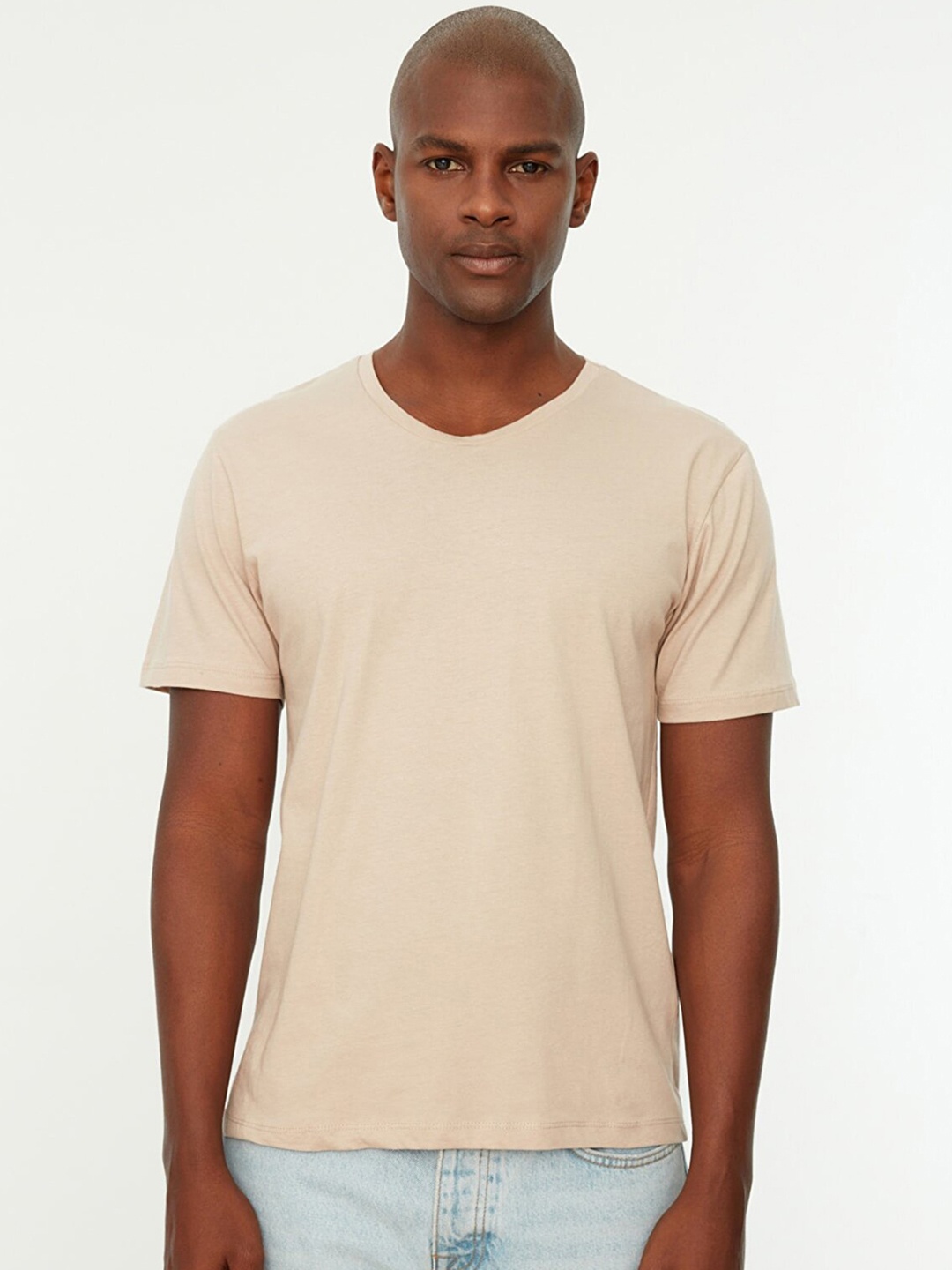 

Trendyol Men Beige Solid Pure Cotton T-shirt
